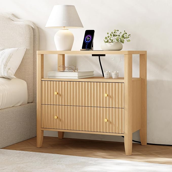 Nightstand Set of 2 with Charging Station, 27.3" Wide Fluted Bedside Tables with 2 Drawers & Open Shelf, Large End Tables with Storage, Metal Handle & Rounded Corners for Bedroom,Natural - Image 7