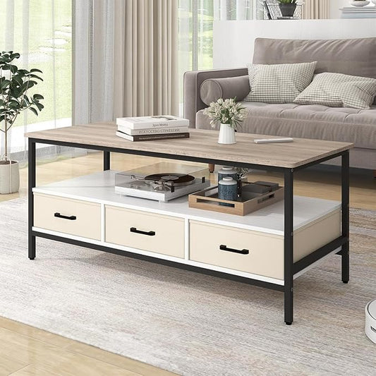 OC Orange-Casual 46" Coffee Table with Storage, 2-Tier Wood Coffee Table with Open Display Shelf & Foldable Drawers, Farmhouse Table with Metal Frame, Small Center Table for Living Room (46.3")