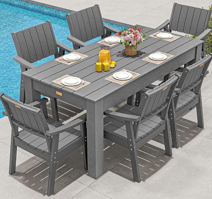 ZHUSI Patio Table and Chairs Set,HDPE Outdoor Dining Set with Umbrella Hole for Backyard, Poolside, Porch,All Weather,Grey by ZHUSI
