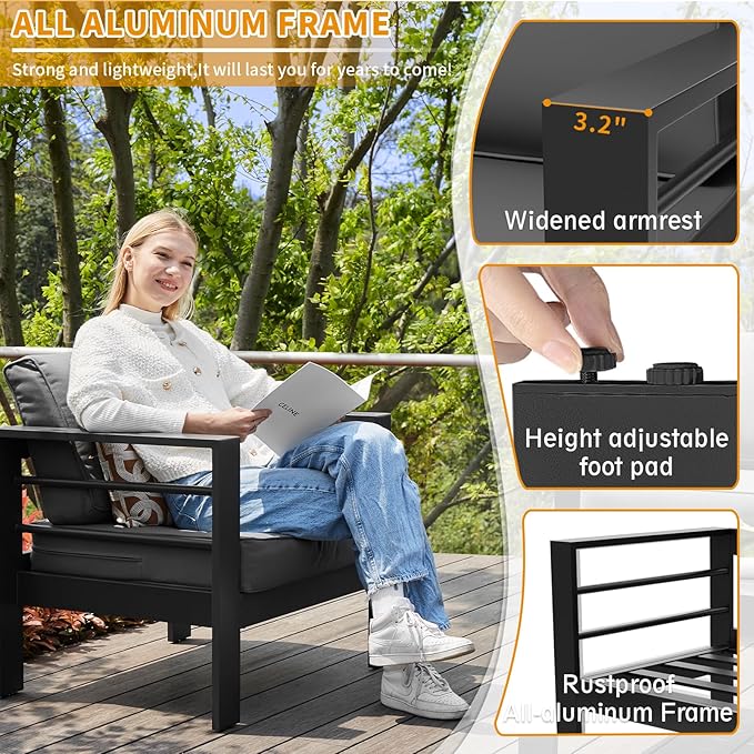 Aluminum Patio Furniture Set, Single Chair Outdoor Set with 5 Inch Cushions, Patio Sofa Sets with Waterproof Covers for Backyard Garden(Grey)