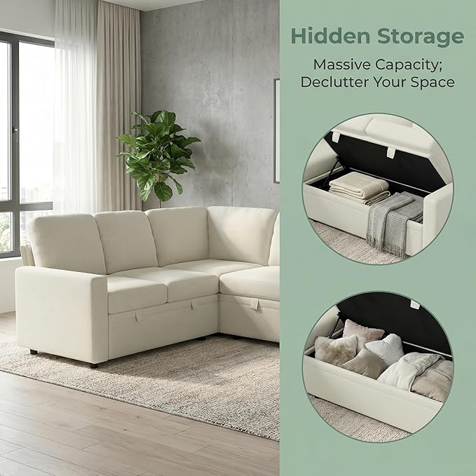 5-Seater Large Sectional Couch with Pull Out Bed, L Shaped Chenille Sofa with Storage, Convertible Modular Sofa, for Living Room, Apartment, Beige