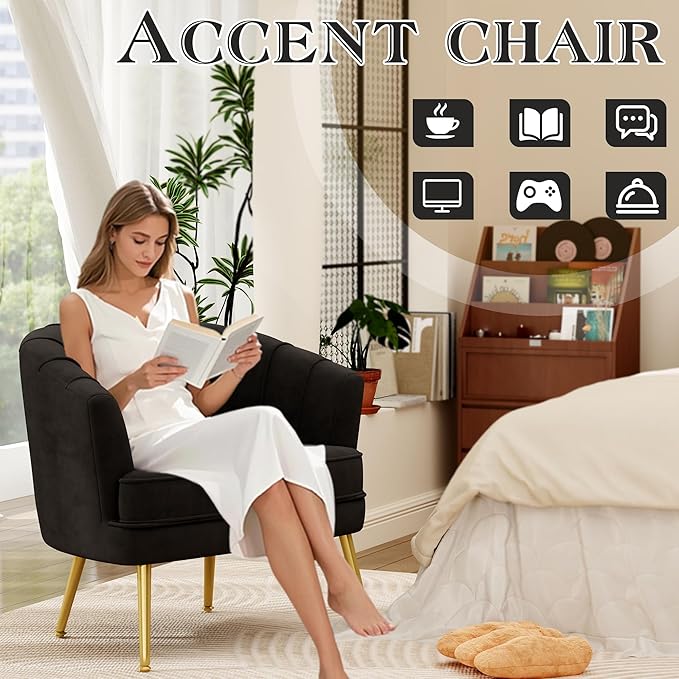 Andeworld Velvet Accent Chair, Upholstered Modern Single Sofa Side Chair,Comfy Barrel Club Living Room Armchair with Golden Metal Legs for Bedroom Living Reading Room Office, Black