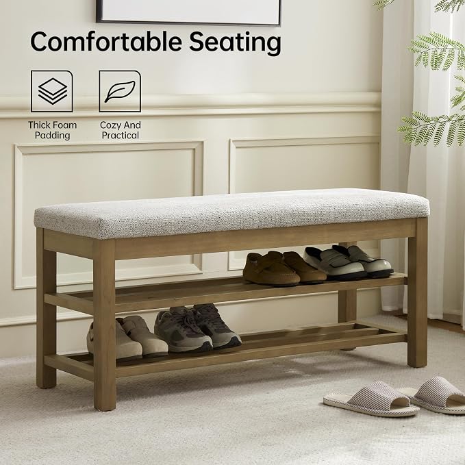 VKNOW Entryway Bench, 44.3” Upholstered Shoe Storage Bench for Bedroom, 2-Tier Storage End of Bed Bench with Rubberwood Legs for Living Room, Hallway, Beige - Image 3