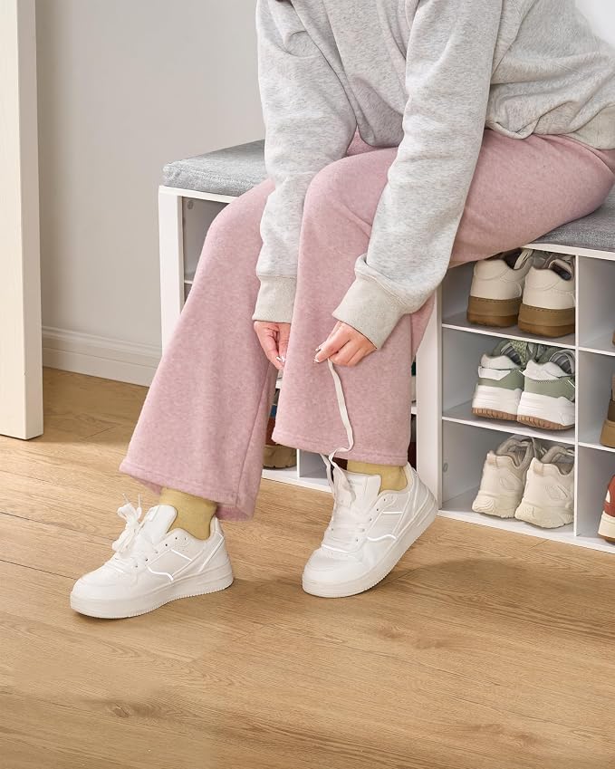 Hzuaneri Shoe Bench with Cushion, Entryway Storage Bench with 12 Cubbies, Cubby Shoe Rack with Adjustable Shelves, Shoe Organizer Cabinet for Living Room, Bedroom, Entryway, White SB19003GY - Image 4