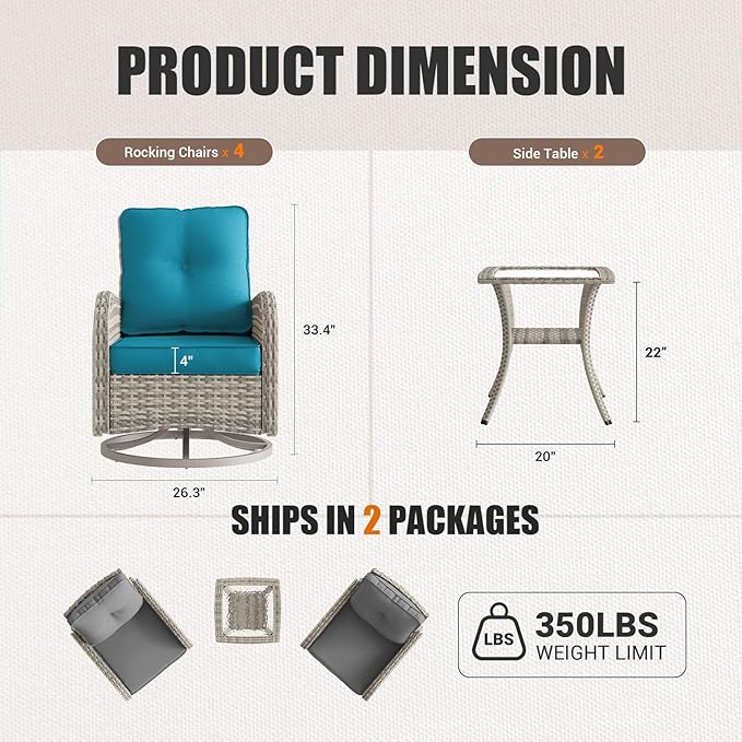 6-Piece Patio Rocking Swivel Chair Outdoor Wicker Rattan Bistro Set with Tempered Glass Side Table, Outdoor Patio Furniture Set for Garden, Deck, and Balcony, Turquoise