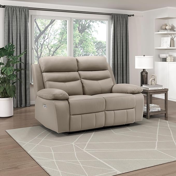 Lexicon Recliner Sofa for Living Room, Double Reclining RV Couch, Power Wall Hugger Recliner Home Theater Seating Leather Match Reclining Sofa, with USB Charge Port, 64''W Loveseat, Latte