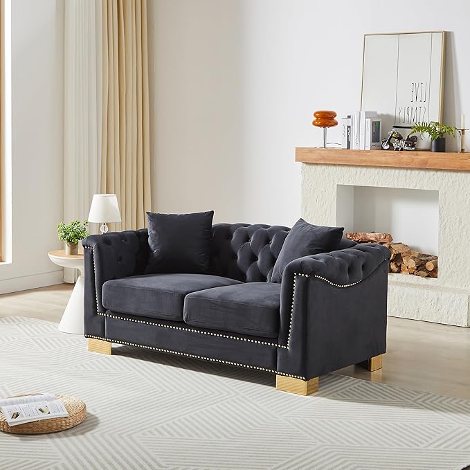 KEIKI 62" Chesterfield Sofa, Retro Style Upholstered 2 Seat Sofa, Rolled Arm Tucked-in Nailhead Decor Cloud Couch for Living Room Bedroom Office, Black