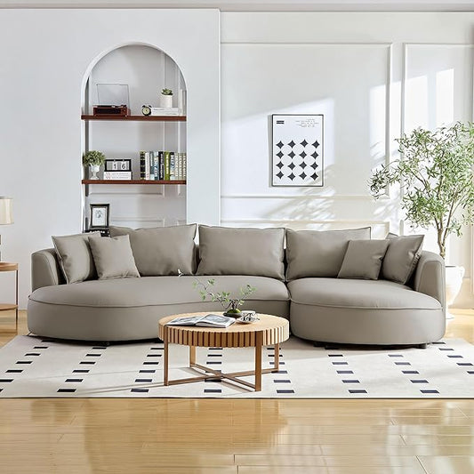 KEIKI 129" Curved Oversized Modular Bonded Leather Sectional Sofa with Right Chaise, 4 Pillows, 3 Back Cushion, Modern Style Comfy 5-Seater Couch, Easy Assembly, for Apartment, Living Room, Light Grey