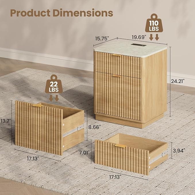 24” Tall Nightstand - Fluted Night Stand with Charging Station Faux Marble Top Bedside Table with Curved Profile Design for Bedroom/ 2 Drawer, Natural Wood - Image 2