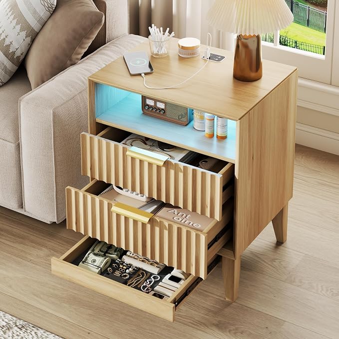 LVSOMT 20'W Fluted Nightstand with Charging Station, LED Night Stand with RFID Lock Hidden Drawer, Mid Century Morden Bedside Table for Bedroom, 2 Drawers and Open Storage Cubby, Natural Oak by DecorateHomeatEase