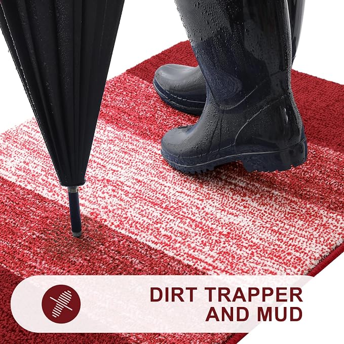 Kitinjoy Indoor Outdoor Door Mat, 47x24 Non-Slip Absorbent Dirt Trapper, Low-Profile Washable Inside Entrance Front Floor Mat, Sturdy Soft Entry Doormats for Entryway, Burgundy - Image 2