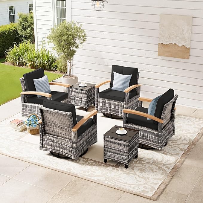 MEISSALIVVE 6 Pieces Patio Furniture Sets, Wicker Patio Conversation Sets with 4 Wood Armrests Swivel Glide Chairs，Outdoor Conversation Set for Deck Yard and Poolside (Black)