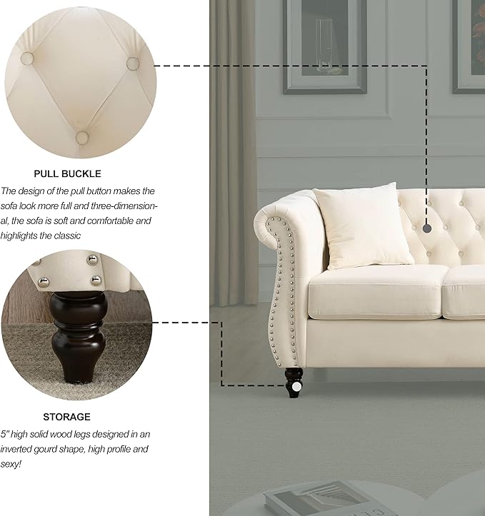 KEIKI Chesterfield Sofa, Retro Style Upholstered 3 Seater Velvet Couch with Rolled Arm for Living Room Bedroom Office Apartment, Beige