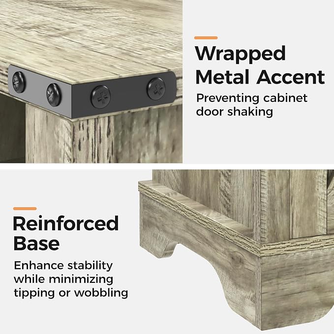 RoyalCraft Farmhouse Nightstand, End Table with Charging Station, Tall Bedside Table with Large Storage Room and Shelf, Wooden Rustic Side Table for Bedroom, Home Office, Light Grey - Image 5