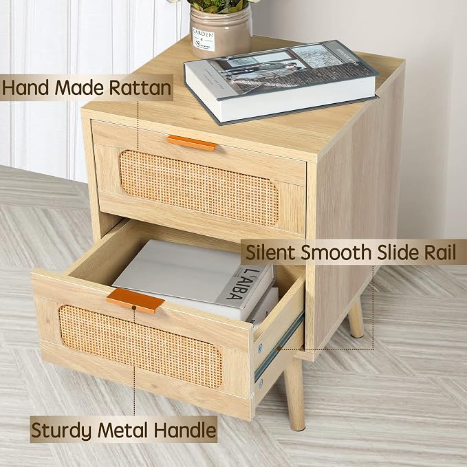 HOPUBUY Nightstands Set of 2 with Rattan Drawer, Modern Night Stand for Bedrooms, Wooden 2 Drawer Bedside Table Side Table for Small Place and Bedroom (Oak, 2 Drawers 2 Pack) - Image 6
