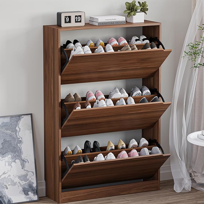 BORNOON Shoe Cabinet with 3 Flip Drawers, Slim Narrow Shoe Storage Cabinet, Freestanding Shoe Organizer with Adjustable & Removable Shelves, Top Display Shelf for Entryway, Hallway, Foyer, Closet by BORNOON