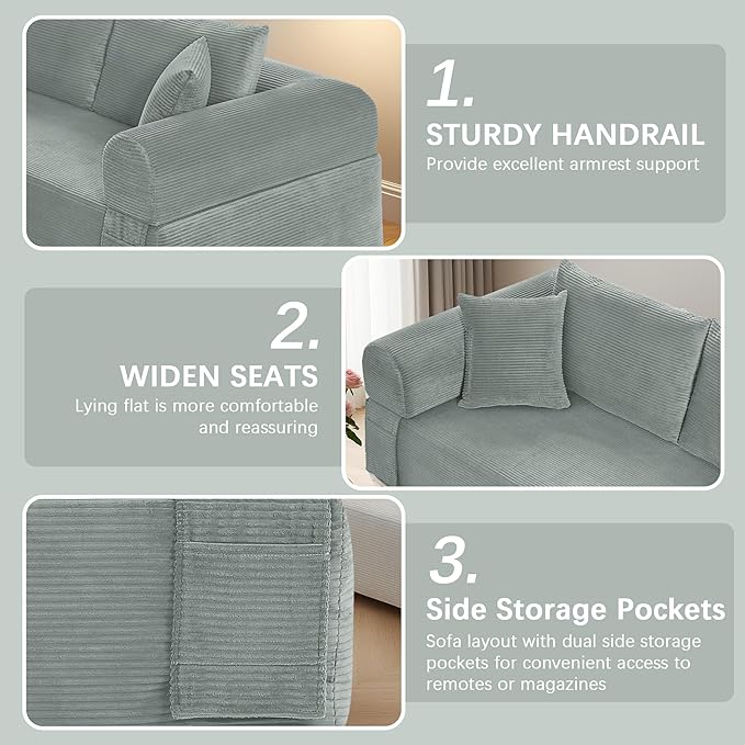 83" Modern Sofa in a Box, No Assembly Oversized 3 Seater 28" Deep Seat Cloud Sofa Bed Couch with 4 Furry Pillows & Corduroy Fabric, Boneless Couch with Side Storage Pockets for Living Room, Light grey