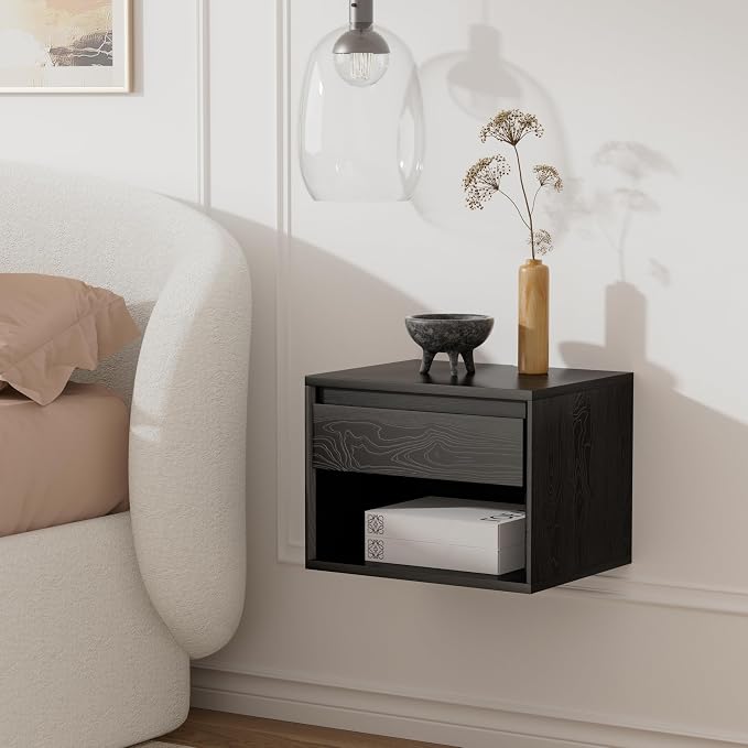 Mid Century Modern Floating Nightstand, Wall Mounted End Table with Drawer and Open Compartment Wooden Bedside Night Stand Small Storage Cabinet for Bedroom, Black by MoomJiee