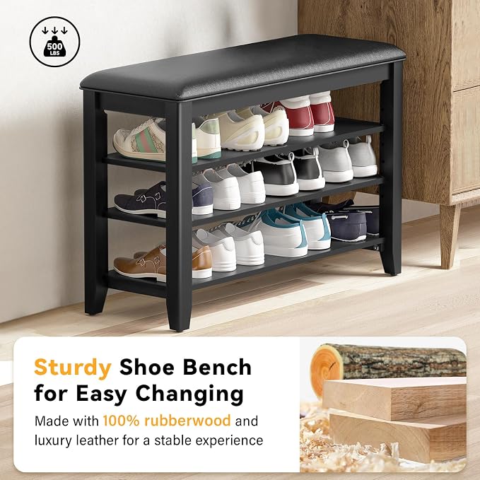 Entryway Shoe Storage Bench with Leather Cushion, Shoe Organizer Bench for Entryway, Ideal for Hallways Front Doors Entrances Mudrooms Featuring Rubberwood And 3 Height-Adjustable & Removable Shelve - Image 4