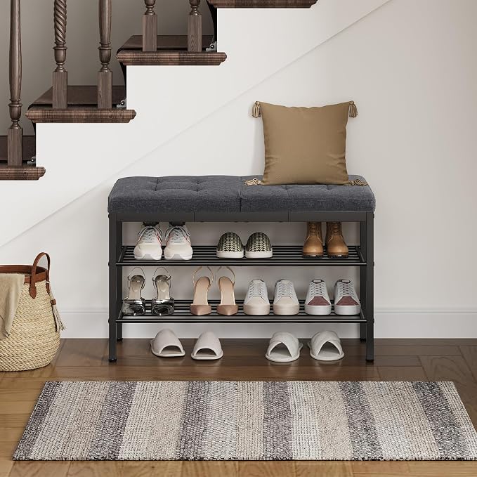 HOOBRO Shoe Bench, Storage Bench with Cushion, Entryway Bench Shoe Shelf with Seat, 12 x 29.5 x 18.1 Inches, Shoe Rack for Living Room, Bedroom, Hallway, Dark Gray BGZ95HX01 - Image 7