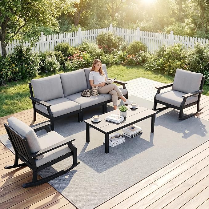 HDPE Patio Conversation Set, 6-Piece All Weather Outdoor Furniture Set with 2 Single Rocking Armchairs for Deck, Lawn, with Cushion, Black