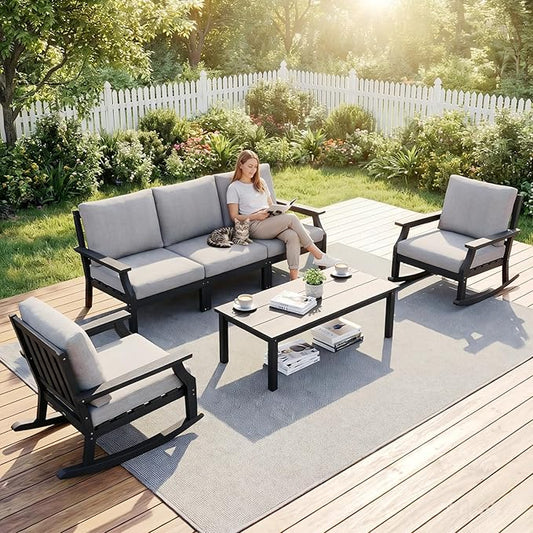 HDPE Patio Conversation Set, 6-Piece All Weather Outdoor Furniture Set with 2 Single Rocking Armchairs for Deck, Lawn, with Cushion, Black