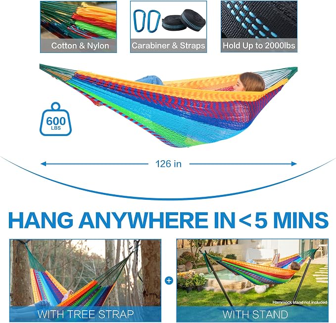 PNAEUT Handwoven Mayan Hammocks for Outside, Handwoven Thick Soft Rope Double Hammocks for Outdoor Indoor, Max 600 lbs Capacity, Tree Straps, Carabiners & Carrying Bag Included (Tropical, X-Large) - Image 8