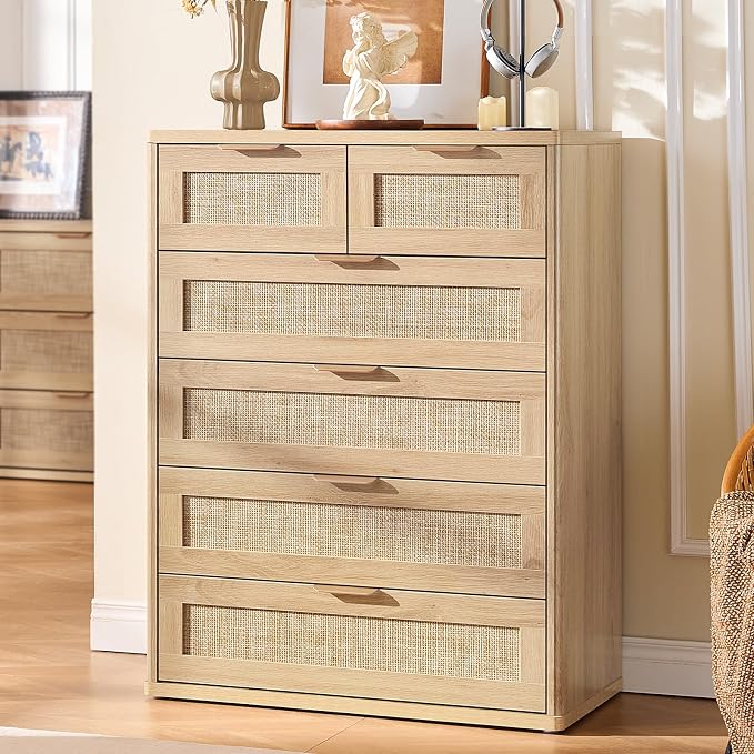 LEYAOYAO Rattan Dresser for Bedroom Set of 2, 41" Tall Chest of Drawers, Modern 6 Drawers Boho Dressers with Storage, Light Oak Dresser Wooden Closet Organizer for Living Room, Hallway, Natural Wood - Image 7