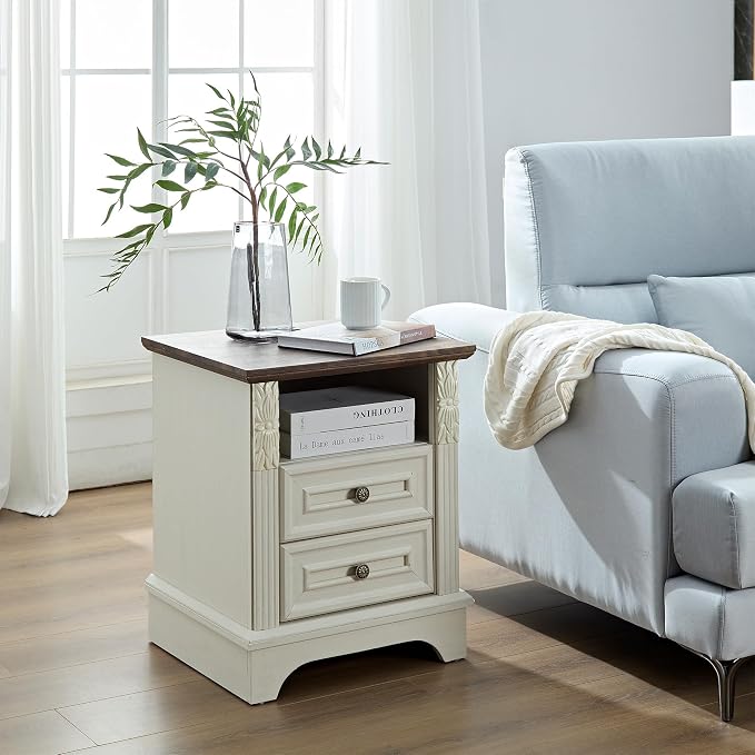 BOSHIRO Farmhouse Nightstand wtih Charging Station, 20" End Table with 2 Drawers, Night Stand Side Table Storage Cabinet with Carved Pilasters for Bedroom, Wood Rustic, Antique White - Image 7