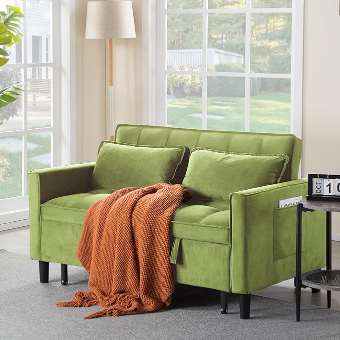 3 in 1 Convertible Sofa Bed, Love Seat Sleeper Bed with Side Pockets, Velvet Fabric Pull Out Couch with Adjustable Backrest for Living Room, Bedroom, Apartment, Olive Green