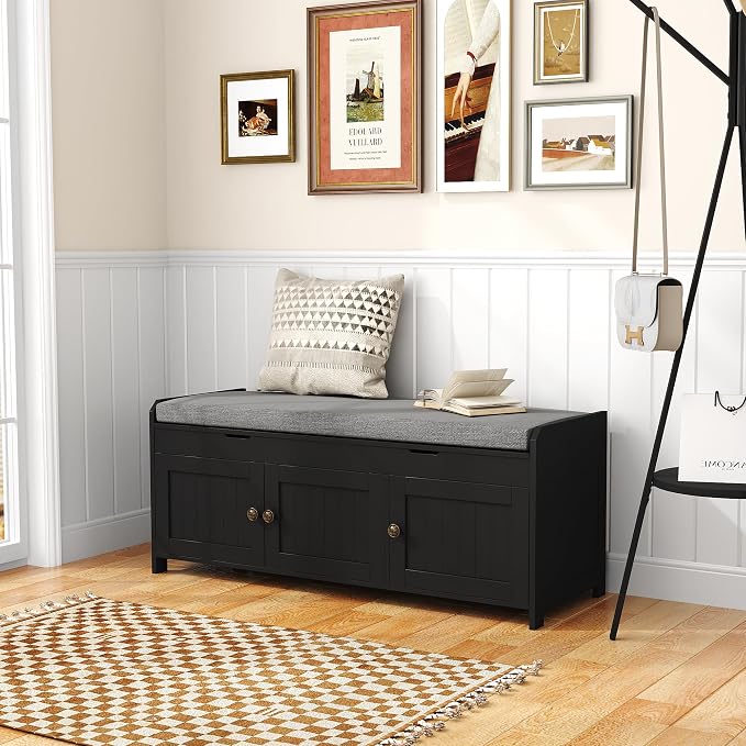 HOMEFORT 41.3" Shoe Bench with Lift Top Storage, Entryway Bench with Cushioned Seat, Wooden End of Bed Bench, Shoe Cabinet Bench with Hidden Storage Space, for Bedroom, Hallway,Black - Image 9