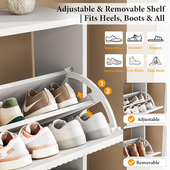Nicetree Shoe Storage Cabinet for Entryway - 2 Flip Drawers Shoe Cabinet with Tiered Fluted Design - Slim Shoe Storage Rack with Gold Legs - Narrow Shoe Cabinet Hidden Shoe Organizer for Small Spaces - Image 5