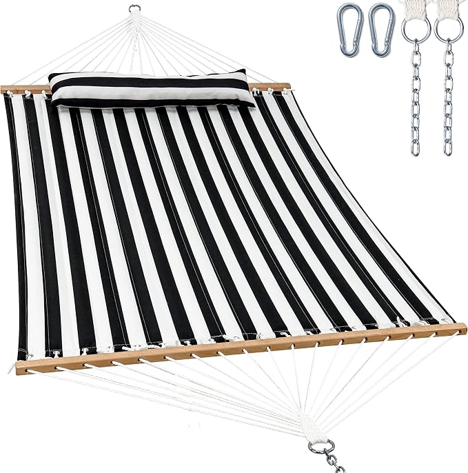 GAFETE Hammock 2 Person Quilted Fabric Hammocks for Outside, Double 12ft Hammocks with Spreader Bar, Large Removable Pillow, Storage Bag, Carabiners, Max 475 lbs Capacity (Black White) by GafeteOutdoorLiving