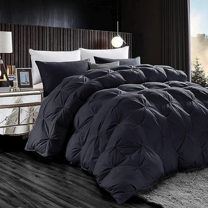 Luxurious Oversized California King Goose Down Comforter, 108 X 98 inches, Unique Black Pinch Pleat, 600 Thread Count, 100% Egyptian Cotton Cover, 80 Oz Fill Weight, 750 Fill Power