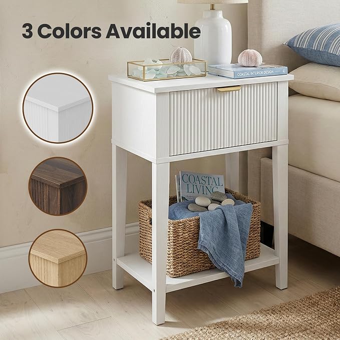 Modern Fluted Small Wood Nightstands Set of 2, 11.8" Deep x 15.4" Narrow Bedside Tables with Drawer & Open Shelf, Farmhouse Chic Side Tables for Bedroom - White - Image 8
