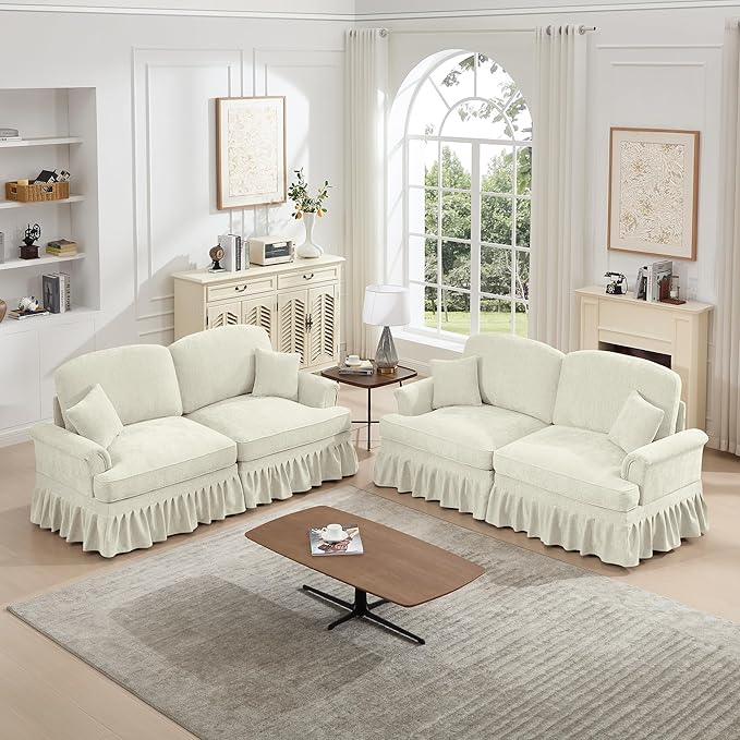 KEIKI Mid Century Modular Sofa with Flared Arms and Skirted Design, 76" Loveseat Chenille Sectional Couches Set for Living Room, Comfy Apartment Size Couch, Home Sofa Bedroom Furniture, Beige White
