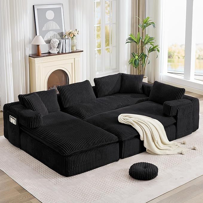 149" Oversized U Shaped Cloud Modular Sectional Sofa Boneless Couch with Double Chaise,Free Combination Convertible Floor Sofa Bed with Storage Pockets and Pillows | No Assembly