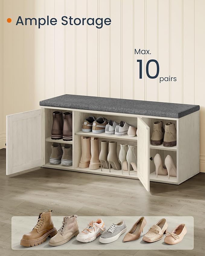 SONGMICS HOME Shoe Storage Bench, Superfast Toolless Assembly, Shoe Rack Cabinet with Door & Adjustable Shelf for Entryway/Living Room, 14 x 40.2 x 17.3 Inches, Rustic White and Slate Gray - Image 5