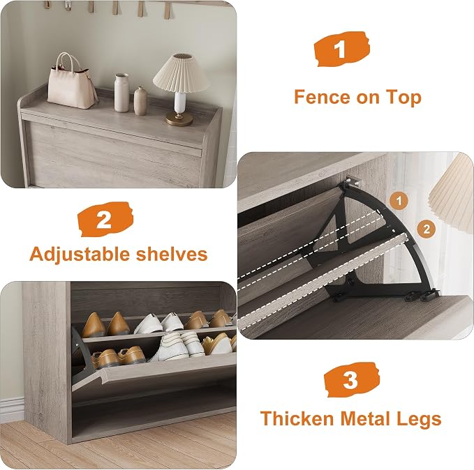 GarveeHome Shoe Cabinet with 3 Flip Drawers, Wooden Shoe Organizer Cabinet with Adjustable Shelf, Shoe Storage for Entryway, Hidden Shoe Cabinet for Hallway, Living Room, Grey - Image 5