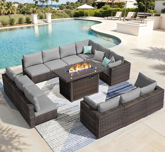 13 Piece Patio Furniture Set with Fire Pit Table All Weather PE Rattan Outdoor Sectional Sofa Couch with No-Slip Cushions for Garden, Poolside, Backyard (Grey)