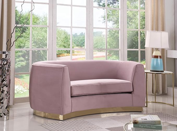 Meridian Furniture Julian Collection Modern | Contemporary Velvet Upholstered Loveseat with Stainless Steel Base in Rich Gold Finish, Pink, 70" W x 34" D x 28" H