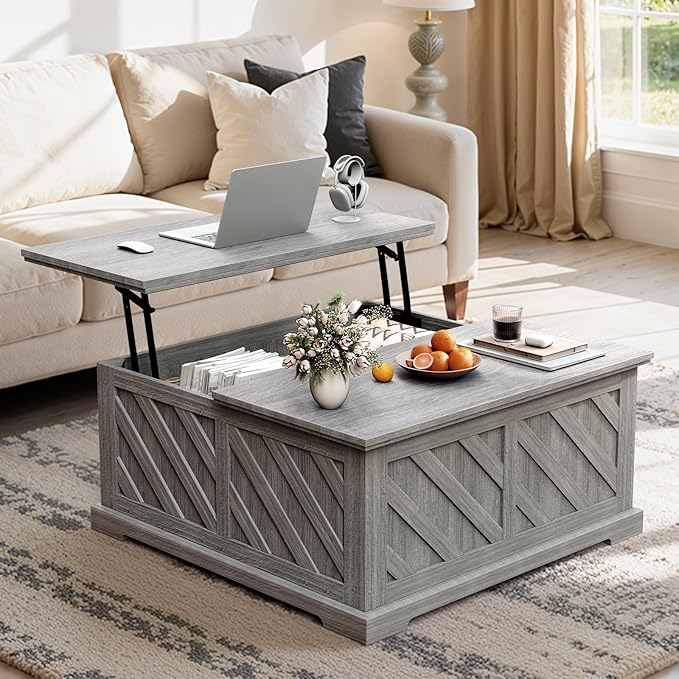 Amada Lift Top Coffee Table with Storage, Smooth Lifting Center Table with Hidden Compartment, Diagonal Pattern Wood Coffee Table for Living Room and Home Office, Gray