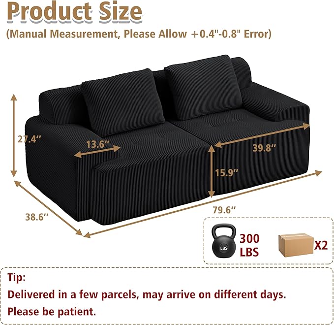 KIGOTY Modular Sectional Sofa, 2 PCS Comfy Cloud Sectional, Corner Couch, Modern Boneless Couch for Living Room, No Assembly Required,Black