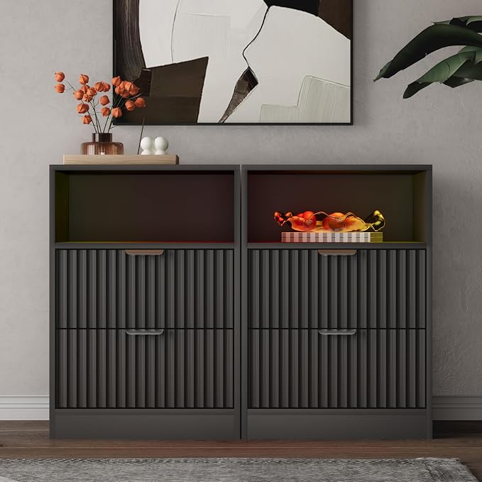 Wodeer LED Nightstand with Charging Station, Fluted Nightstand Set of 2, Wood Nightstands with 2 Drawers & Metal Handles, Modern Bedside Table & End Tables, Farmhouse Night Stands for Bedroom, Black by WODEER