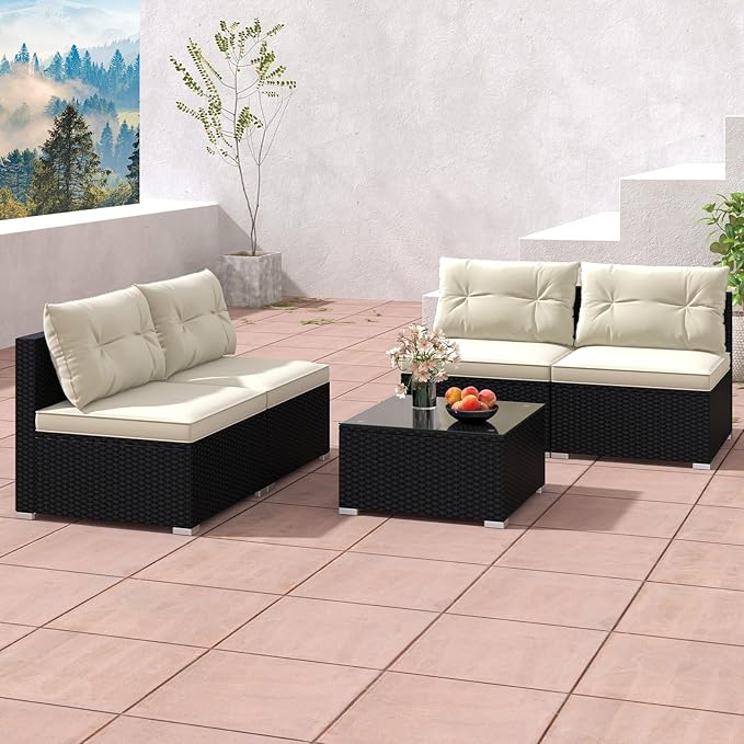 Tangkula 5 Piece Rattan Sofa Set, Patiojoy Outdoor Wicker Furniture Set with Seat & Back Cushions, Square Coffee Table, Patio Sectional Sofa Set for Backyard, Poolside, Garden