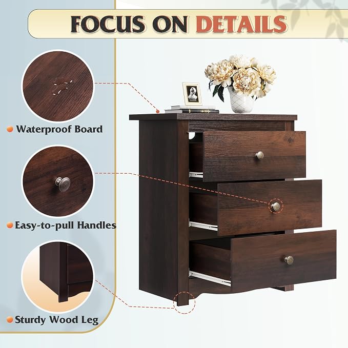 WLIVE Tall Nightstand with Charging Station, Wood Night Stand with 3 Drawers Storage, Bedside Table End Side Tables with 2 USB Ports and Outlets for Bedroom, Closet, Espresso - Image 6