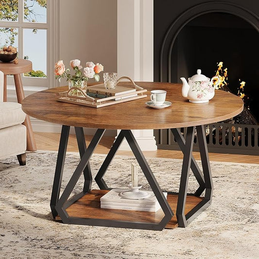 Round Coffee Table, 31.5" 2-Tier Center Table with Storage Shelf, Modern Rustic Circle Wood Coffee Table for Living Room, Apartment (Rustic Brown)