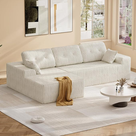 Ball & Cast 106" Cloud Modular Sectional Sofa, Boneless Corduroy Couch with Deep Seat, Comfy L-Shaped Sectional, Modern Upholstered Sofa for Living Room, No Assembly (Beige, Left Facing Chaise)