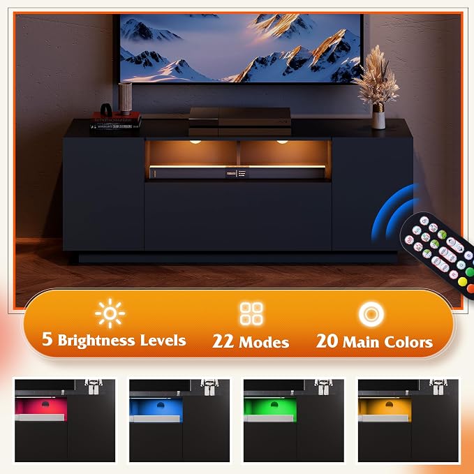 WLIVE TV Stand with LED Lights & Large Storage Cabinet, Modern Entertainment Center for 32/43/50/55 Inchs TVs, Sturdy Media Console for Living Room, Bedroom,Gaming(Black) - Image 4