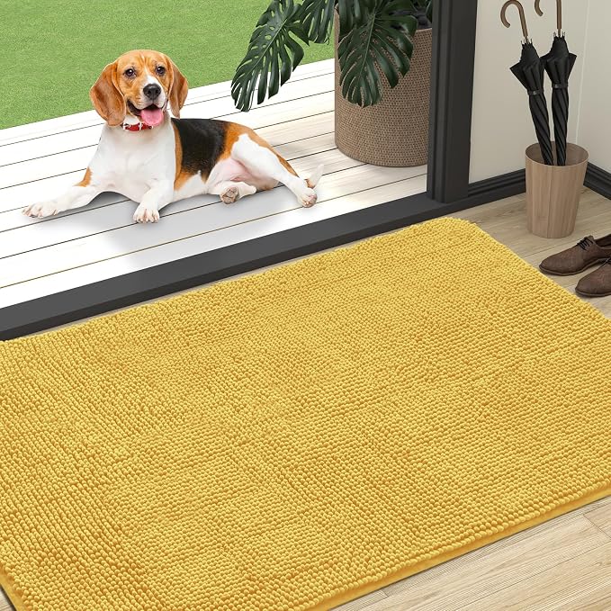 OLANLY Dog Door Mat for Muddy Paws 47x32, Absorbs Moisture and Dirt, Absorbent Non-Slip Washable Doormat, Quick Dry Chenille Mud Mat for Dogs, Entry Indoor Entryway Carpet for Inside Floor, Yellow by OLANLY